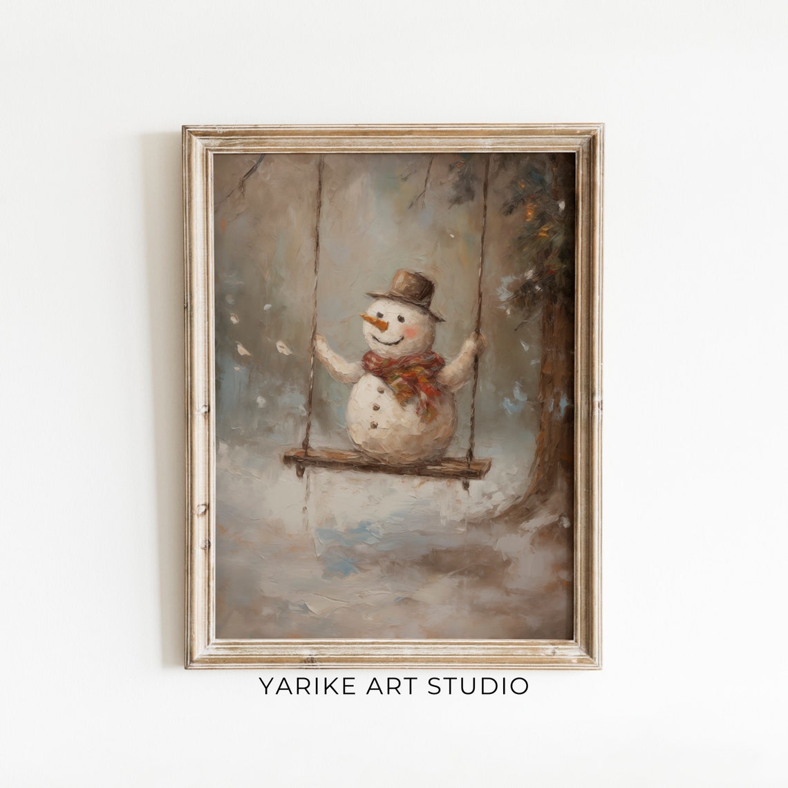 Cheerful Snowman on a Swing Winter Wonderland Painting Poster - Image 6