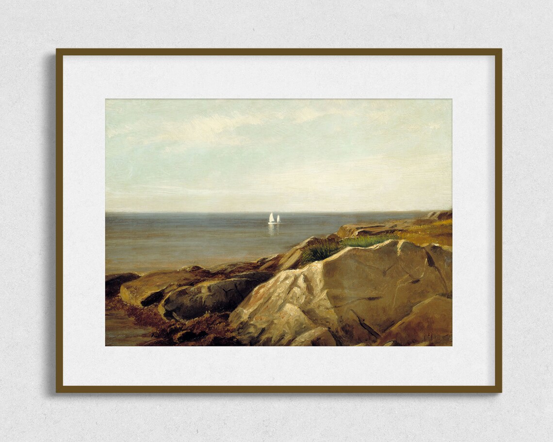 Minimalist Rocky Coast Seascape Sailboat Horizon Calm Sea Vintage Art Poster - Image 2