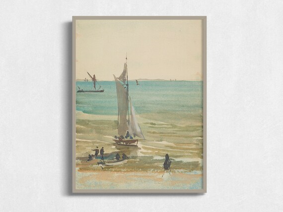 Sailboats Close To Shore Vintage Nautical Watercolor Art Poster