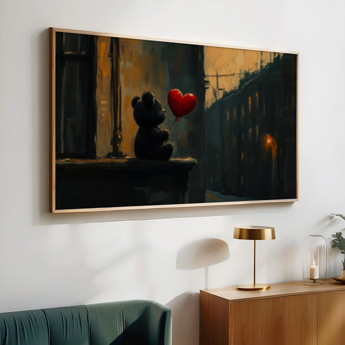 Teddy Bear with Red Heart Balloon Overlooking City Dusk Moody Poster - Image 2