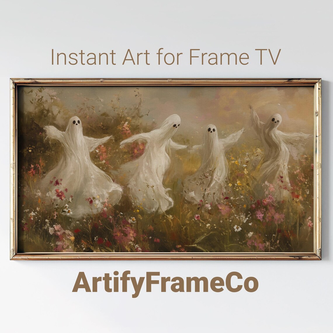 Dancing Ghosts in a Wildflower Field Golden Hour Vintage Halloween Wall Art