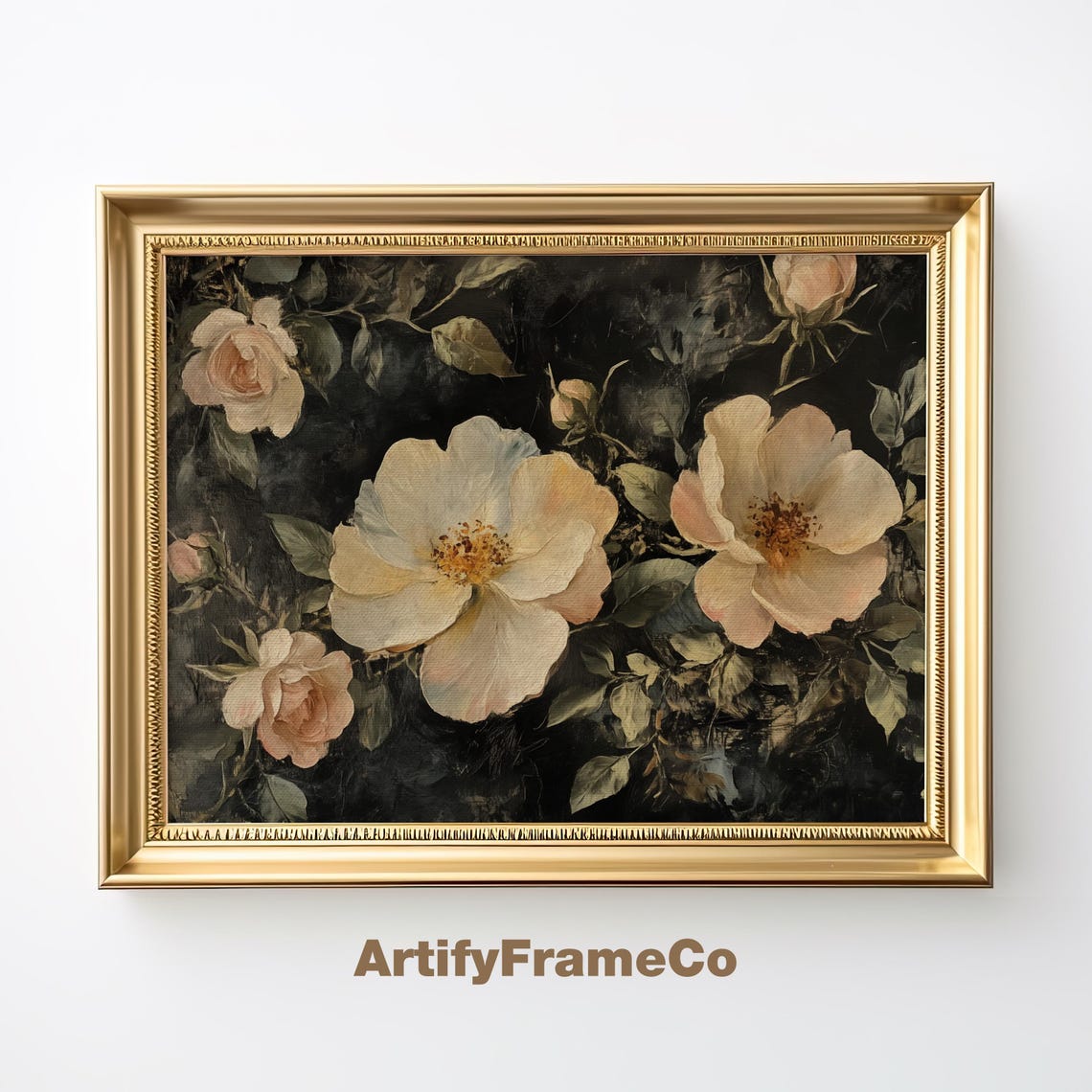 Blush Pink Roses And Ivy On Dark Background Vintage Floral Art Print