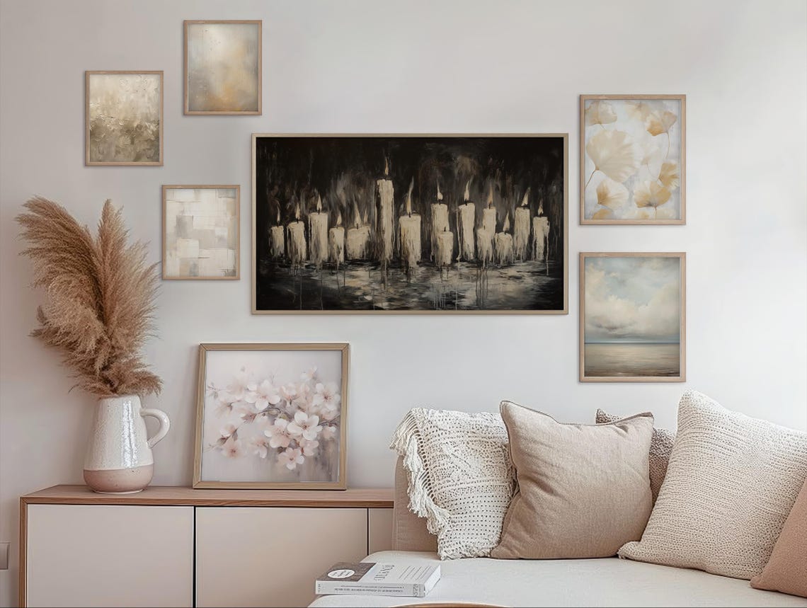 Row of Burning Candles in the Dark Moody Monochrome Halloween Wall Art - Image 2