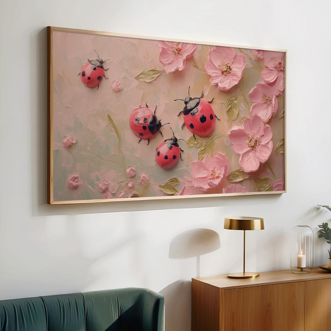 Four Ladybugs Pink Cherry Blossoms Impasto Texture Art Poster - Image 2