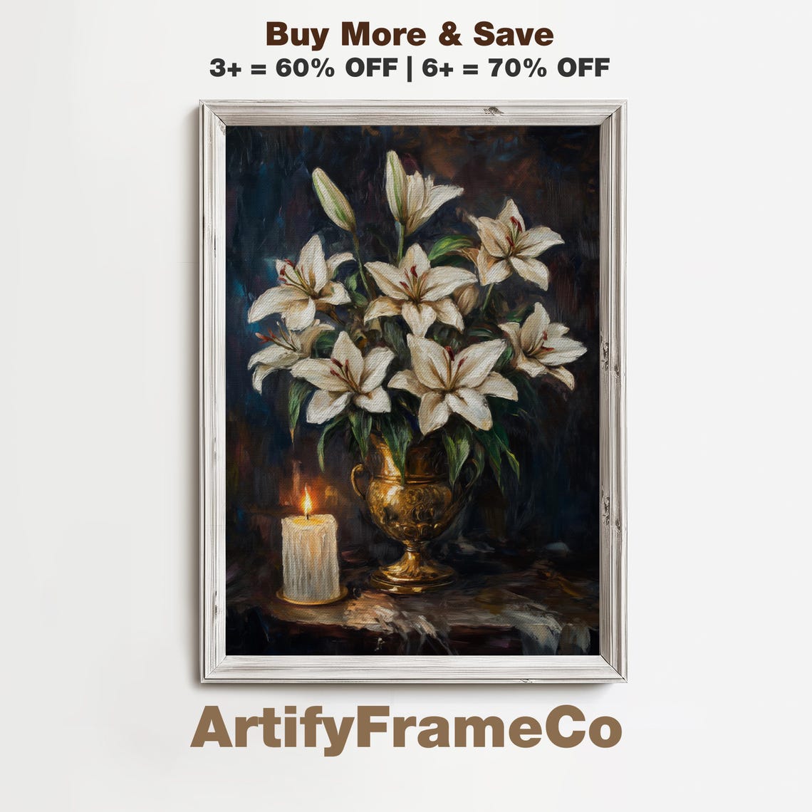 White Lilies Golden Urn Lit Candle Moody Classical Still Life Poster