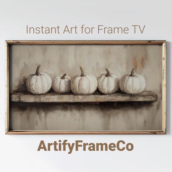 Five White Pumpkins on a Wooden Shelf Rustic Minimalist Fall Still Life Wall Art