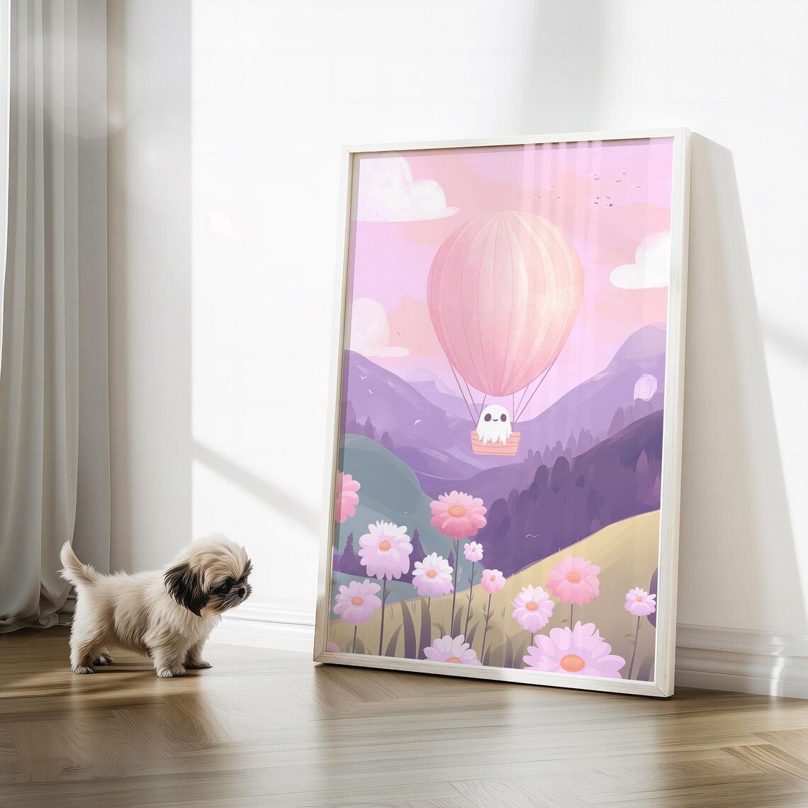 Cute Ghost Riding Pink Hot Air Balloon Over Flower Field Poster - Image 3