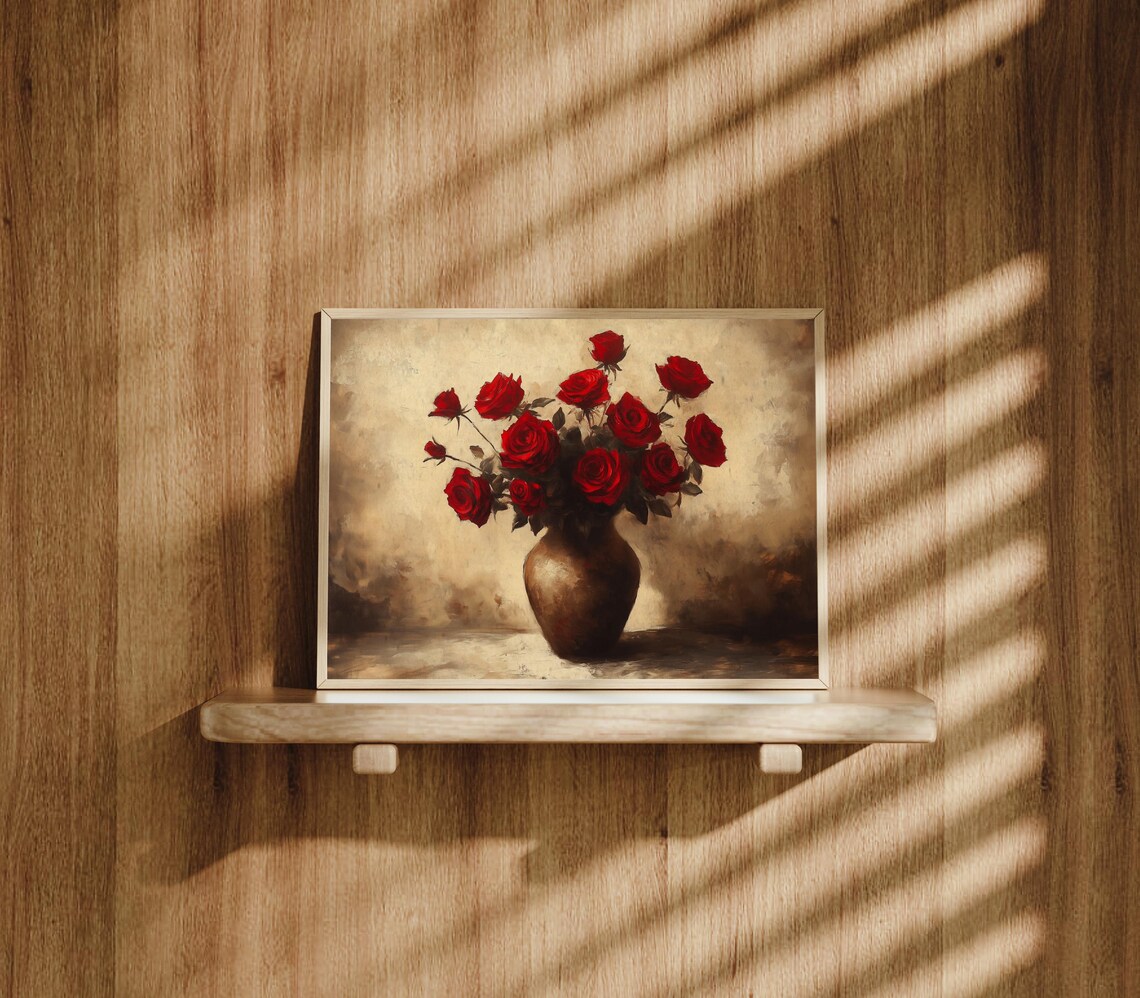Red Roses in Bronze Vase Antique Floral Still Life Vintage Wall Poster - Image 3
