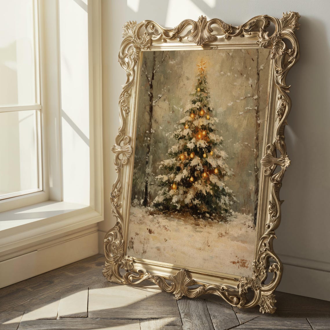 Snowy Christmas Tree in Woods Glowing Lights Winter Wonderland Poster - Image 2
