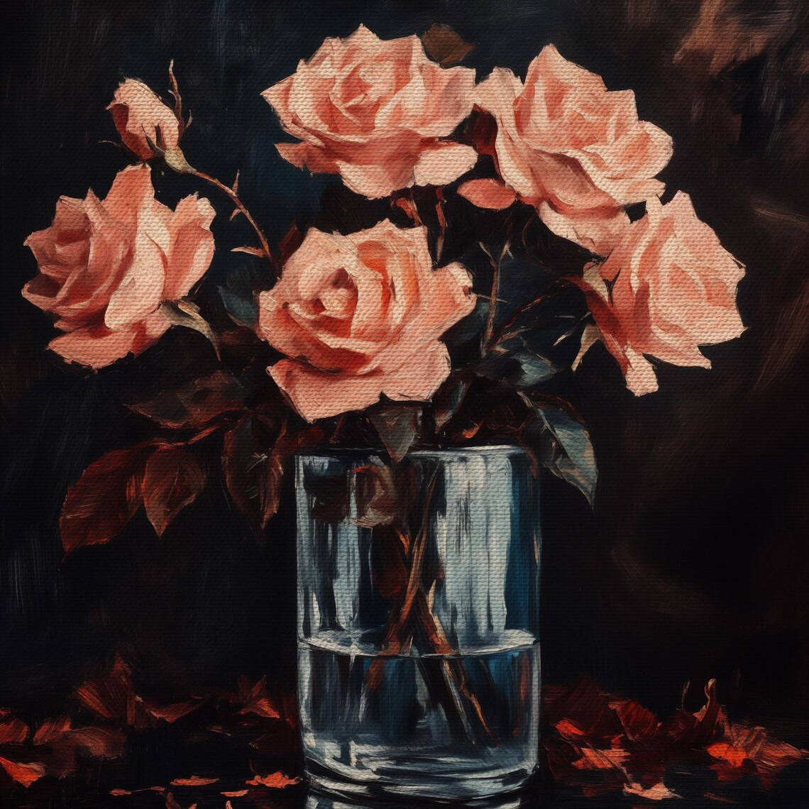 Blush Roses Glass Vase Moody Dark Floral Oil Painting Style Poster - Image 4