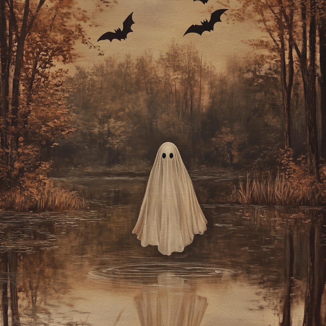 Ghost Over an Autumn Lake With Reflection Vintage Halloween Oil Painting Wall Art - Image 4