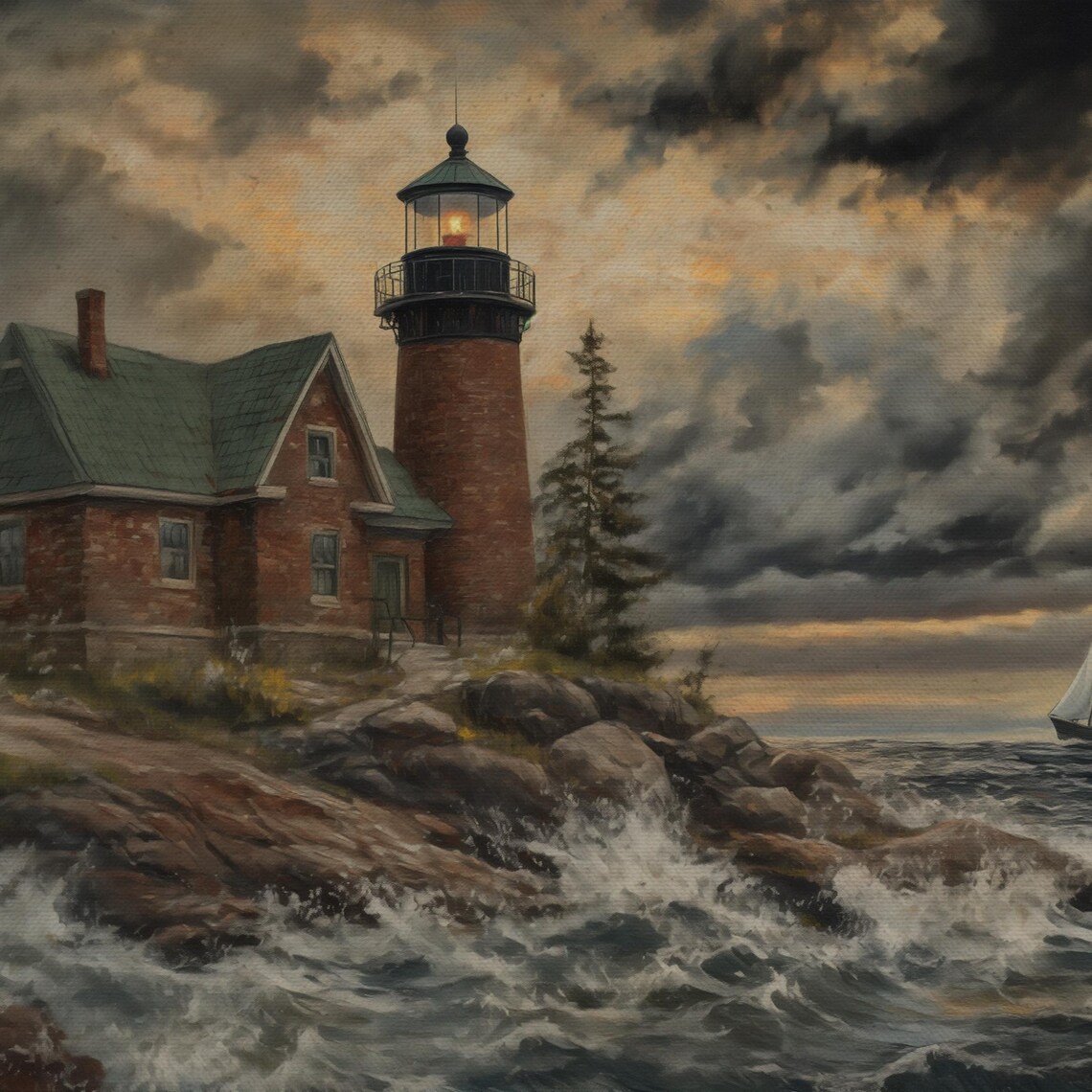 Stormy Coast Lighthouse Brick Keeper House Waves Vintage Nautical Poster - Image 4