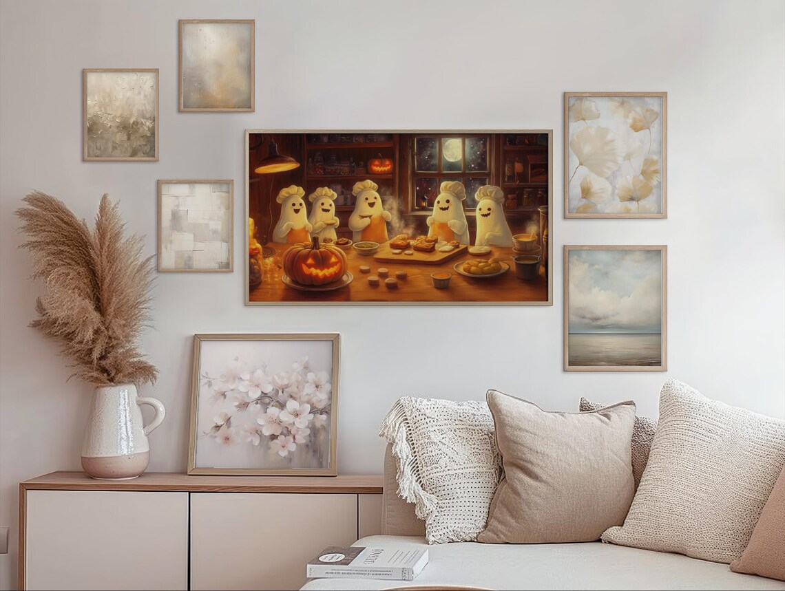Ghost Chefs Baking Halloween Treats in a Cozy Kitchen Vintage Whimsy Wall Art - Image 2
