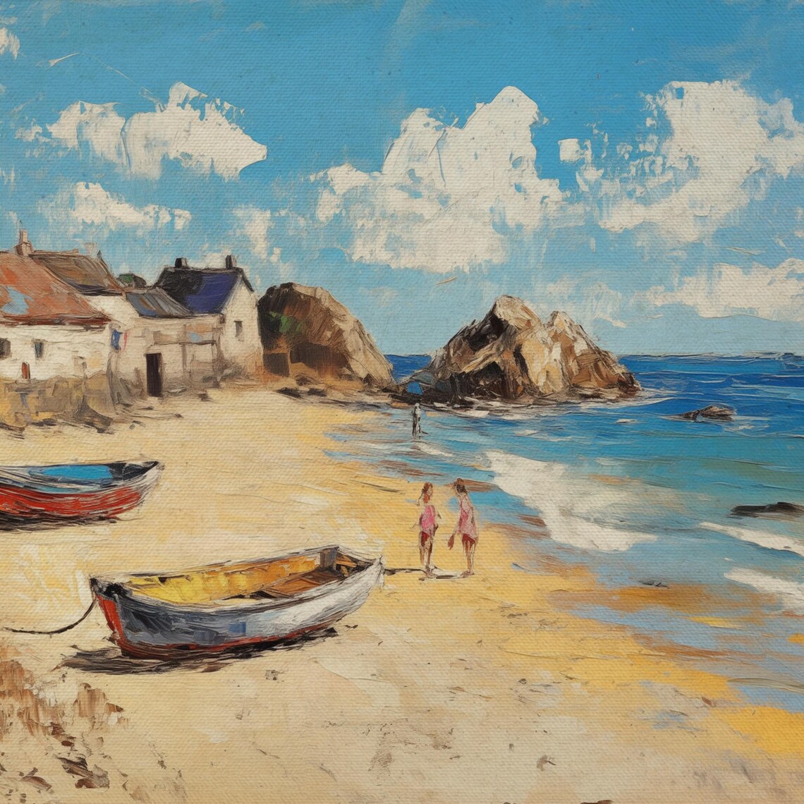 Sunny Fishing Village Beach Boats Vintage Coastal Summer Painting Poster - Image 4