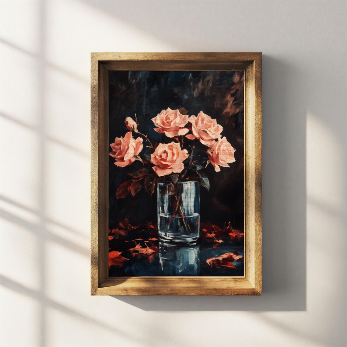 Blush Roses Glass Vase Moody Dark Floral Oil Painting Style Poster - Image 3