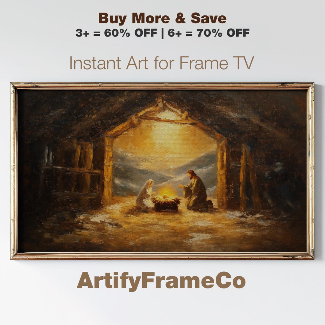 Nativity Scene in Rustic Stable Warm Golden Light Christmas Poster