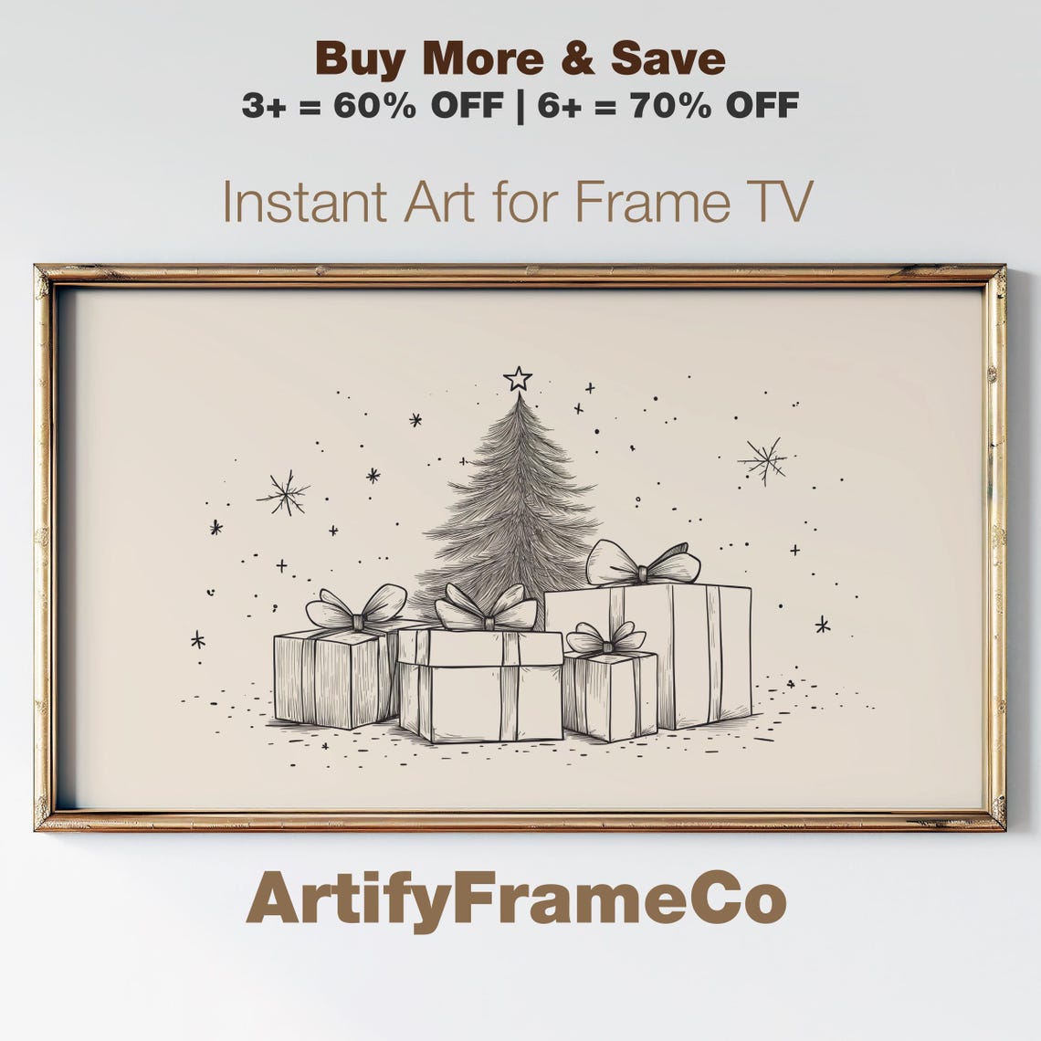 Christmas Gifts Under Tree Line Sketch Festive Frame TV Poster