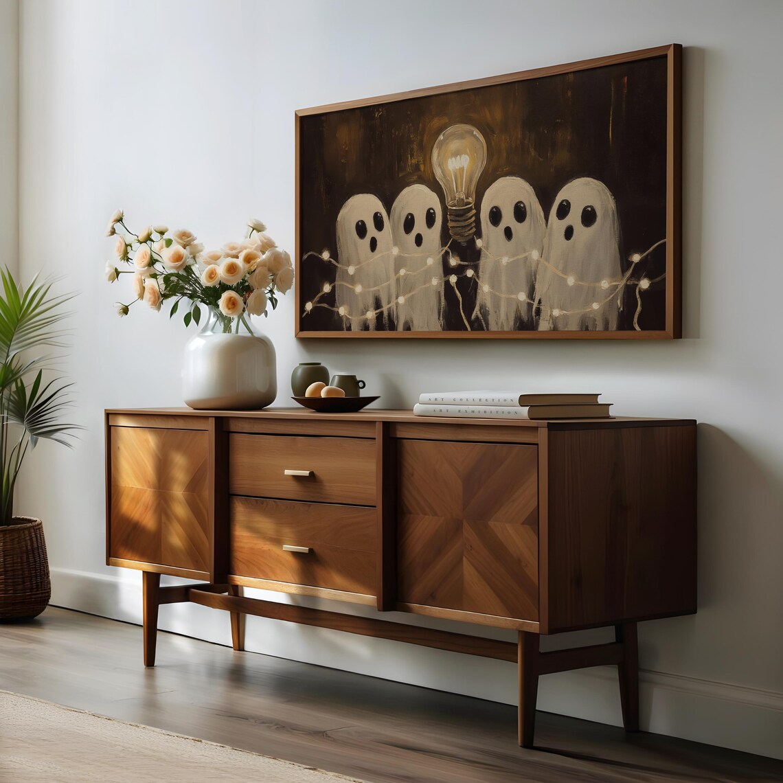 Ghosts Wrapped in Fairy Lights With a Glowing Bulb Vintage Halloween Wall Art - Image 3