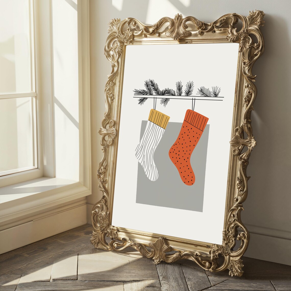 Stockings By The Fireplace Minimalist Christmas Stocking Duo Poster - Image 2