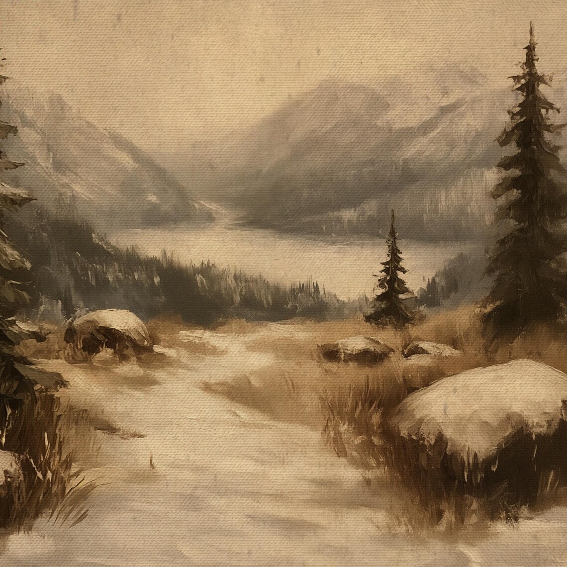 Snowy Mountain Valley Pines Winter Landscape Sepia Vintage Wall Poster - Image 4
