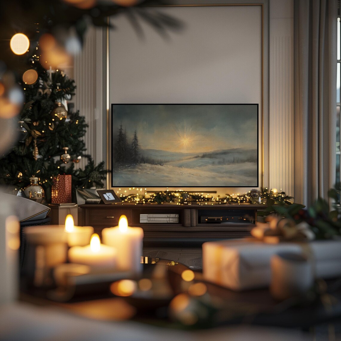 Star of Bethlehem Over Snowy Landscape Dark Moody Night Sky Poster - Image 3