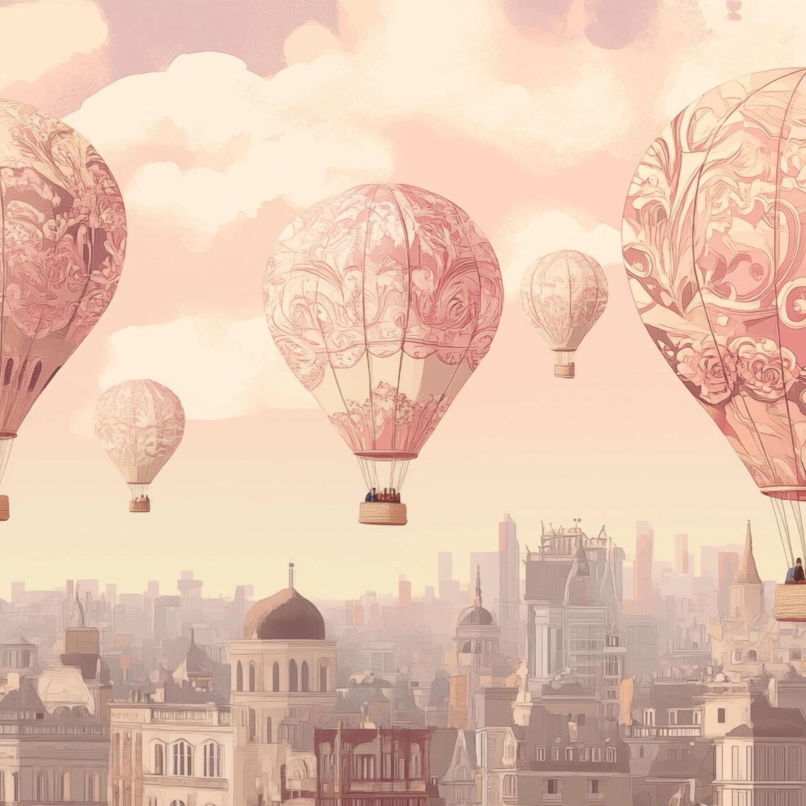 Pink Hot Air Balloons European Old Town Skyline Romantic Sunset Poster - Image 4
