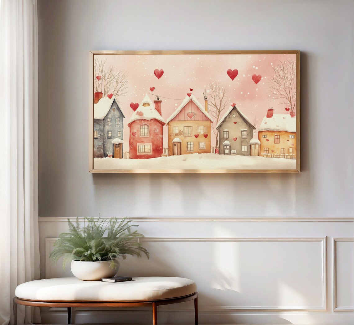 Snowy Pink Valentine Village Hearts Watercolor Winter Wall Art Poster - Image 3
