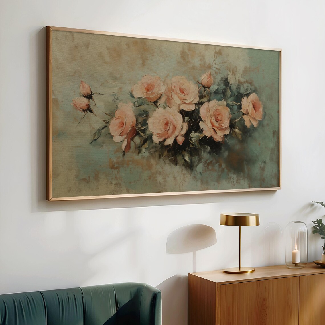 Peach Roses Garland Swag Sage Green Romantic Vintage Painting Poster - Image 2
