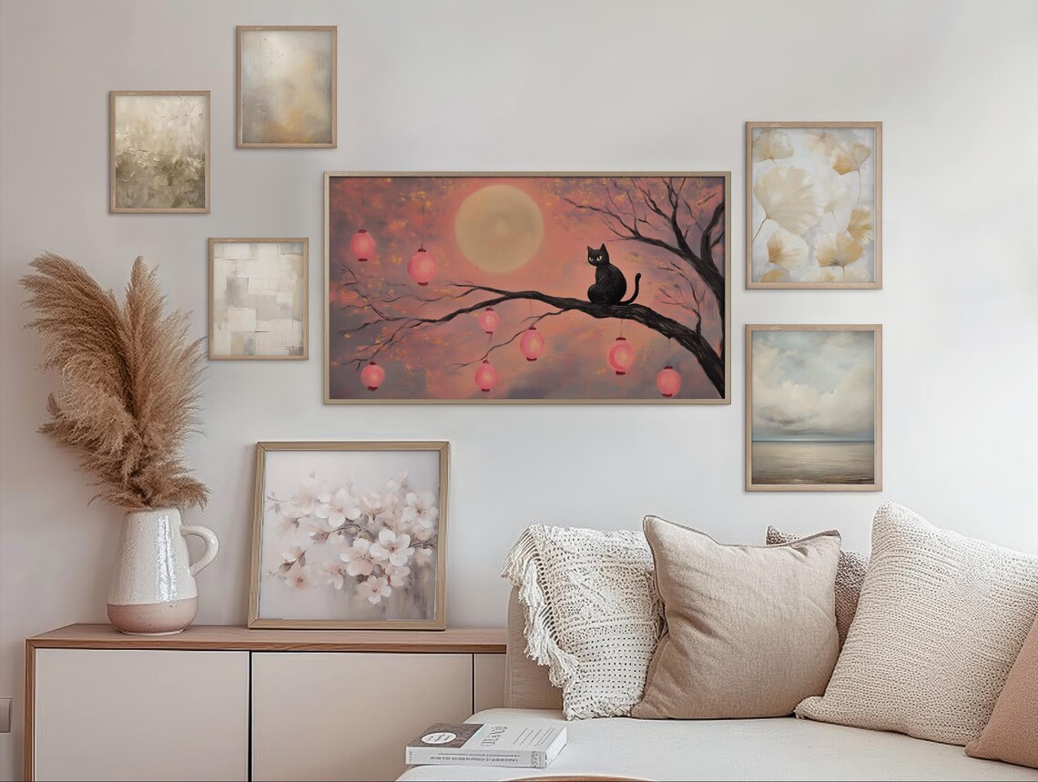 Black Cat on a Branch Under a Pink Moon With Lanterns Halloween Wall Art - Image 2