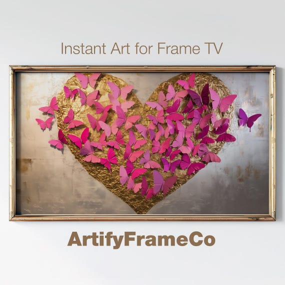 Valentines Day Frame Tv Art Gold Heart With Butterflies Romantic Cute Valentines Day Frame Tv Art 3d Abstract Painting Tv0094