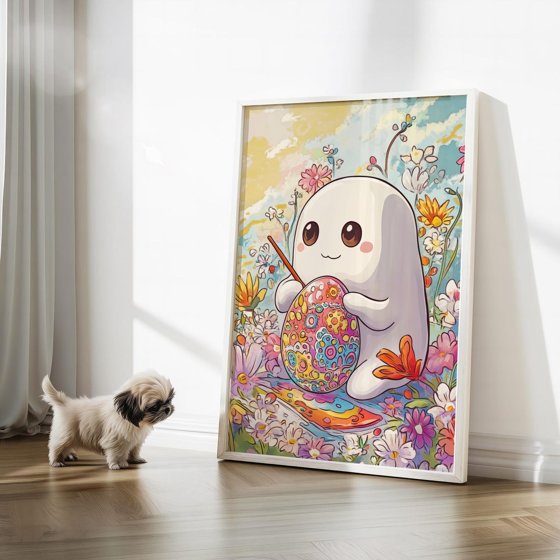 Cute Ghost Painting Easter Eggs Art Kawaii Pastel Kids Holiday Illustration Children Beatrix Potter Style - Image 3