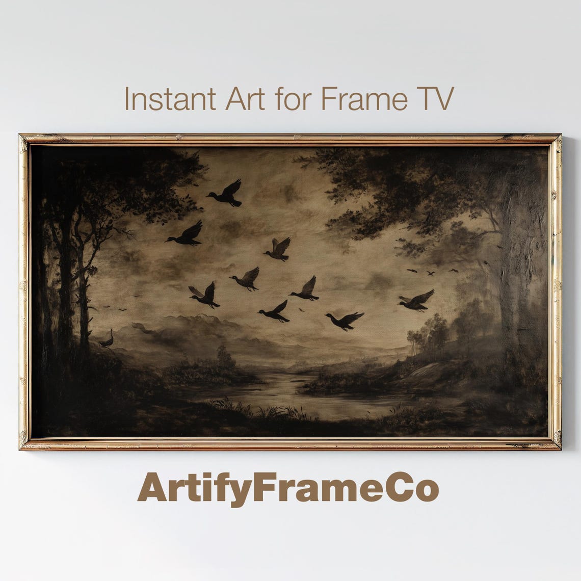 Dark Moody Frame Tv Art Bird Flock Vintage Frame Tv Art Country Farmhouse Landscape Painting Muted Spring Tv Screensaver Tv116