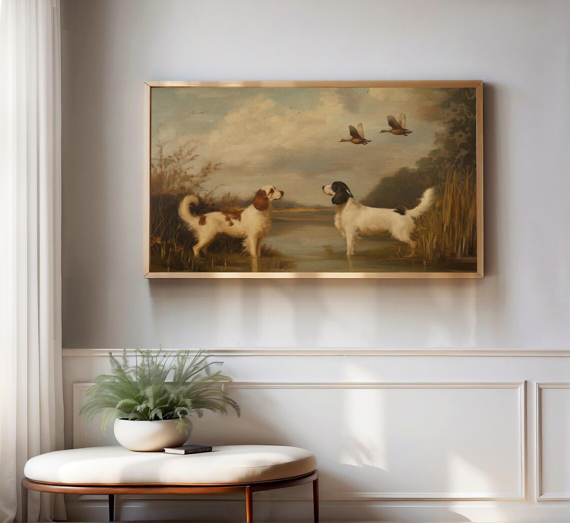 Spaniels In Marshland With Flying Ducks Muted Vintage Oil Painting Poster - Image 3