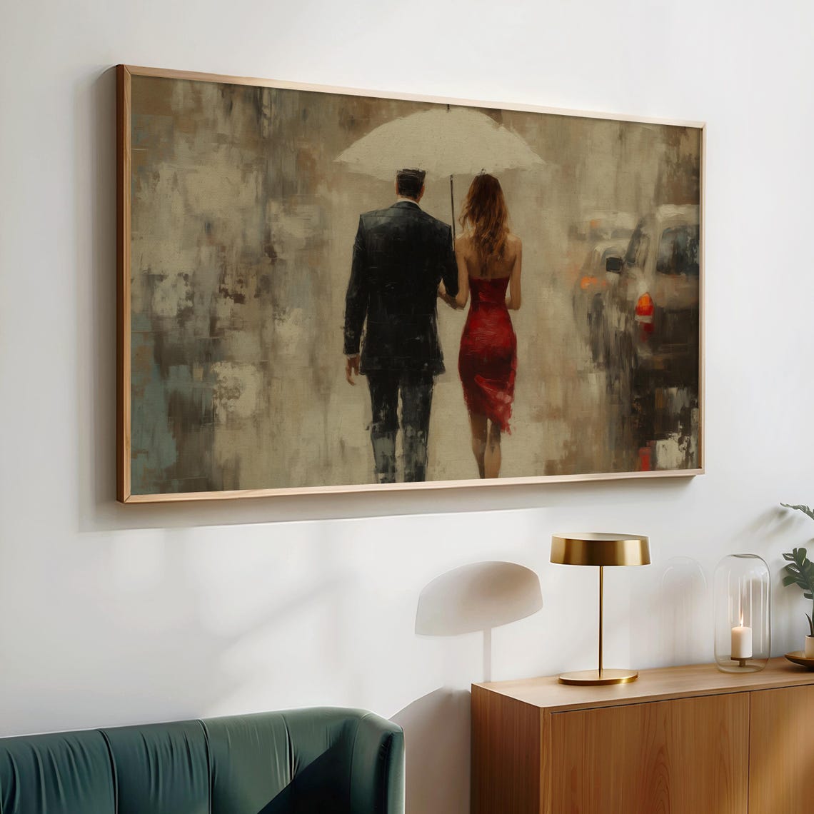 Couple Walking Away Under Umbrella Rainy City Beige Romantic Poster - Image 2