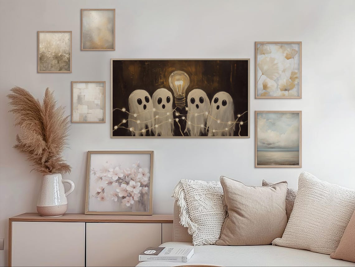 Cheerful Ghosts With Fairy Lights Halloween Frame Tv Art Cute Spooky Decor Scene Frame Tv Art Whimsical Wall Art - Image 2
