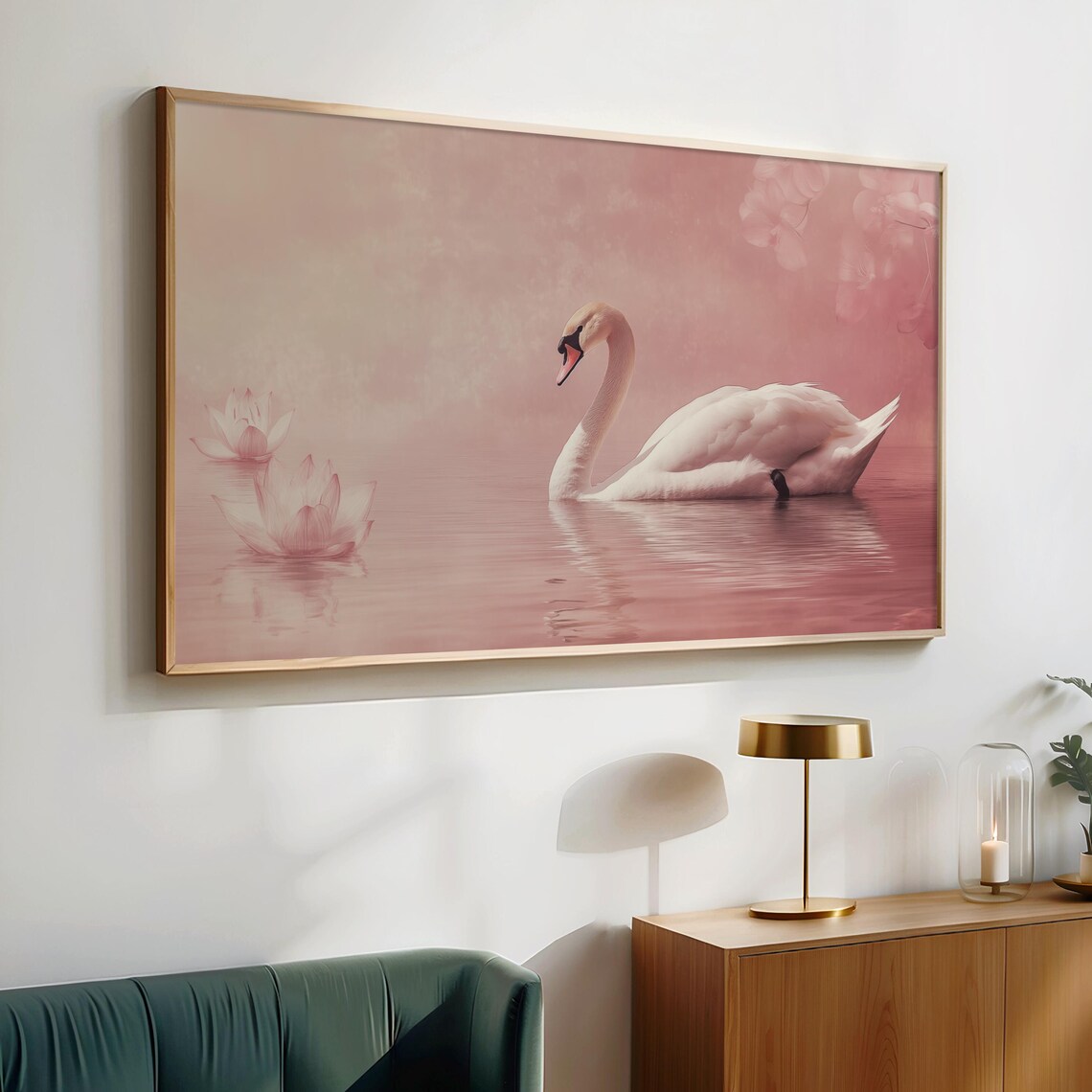 White Swan on Blush Pink Lake Lotus Flowers Nature Art Poster - Image 2