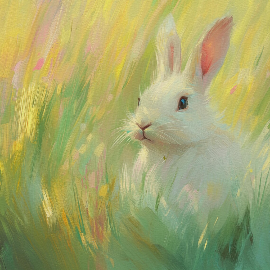 White Bunny In Sunny Spring Meadow Impressionist Wildlife Wall Art Poster - Image 4