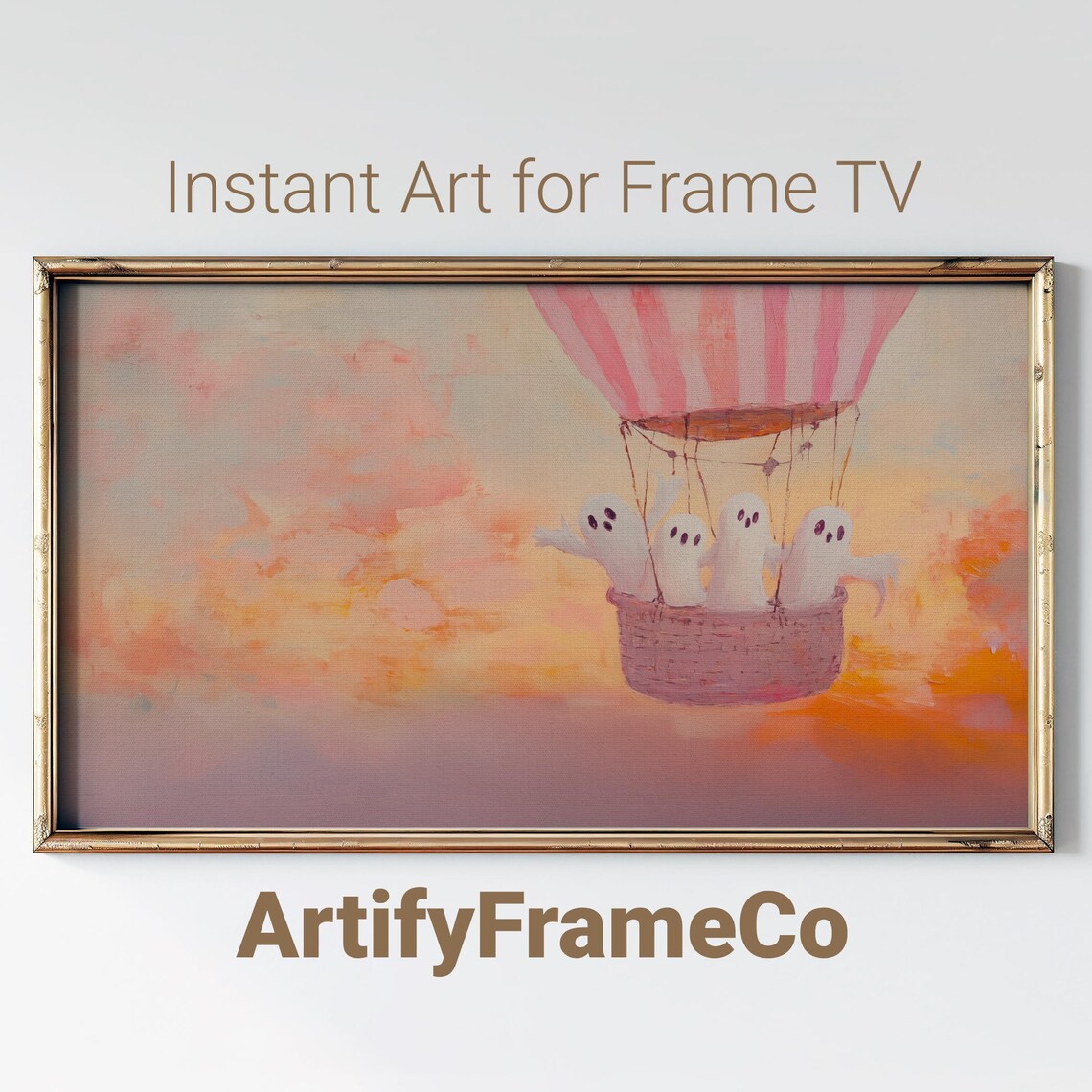 Ghosts Riding a Pink Hot Air Balloon at Sunset Whimsical Halloween Wall Art