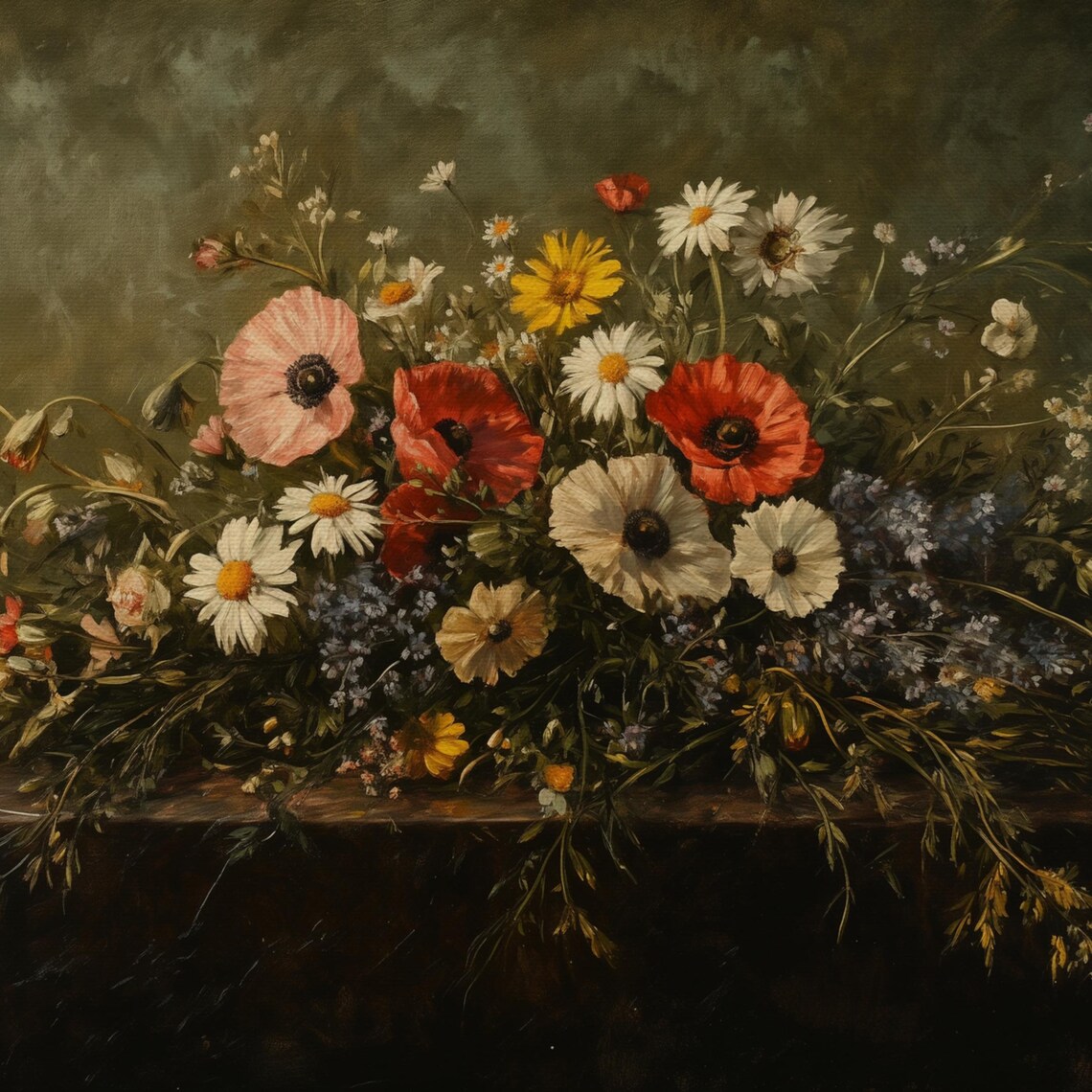Antique Wildflower Bouquet Poppies Daisies Dark Frame TV Art Poster - Image 4