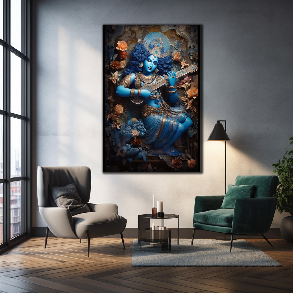 Lord Krishna Playing Sitar Blue Hindu God Floral Divine Art Poster - Image 3