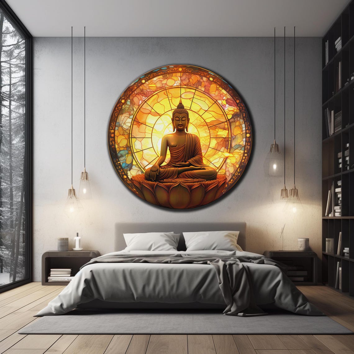 Buddha Golden Stained Glass Sunburst Lotus Meditating Wall Art - Image 3