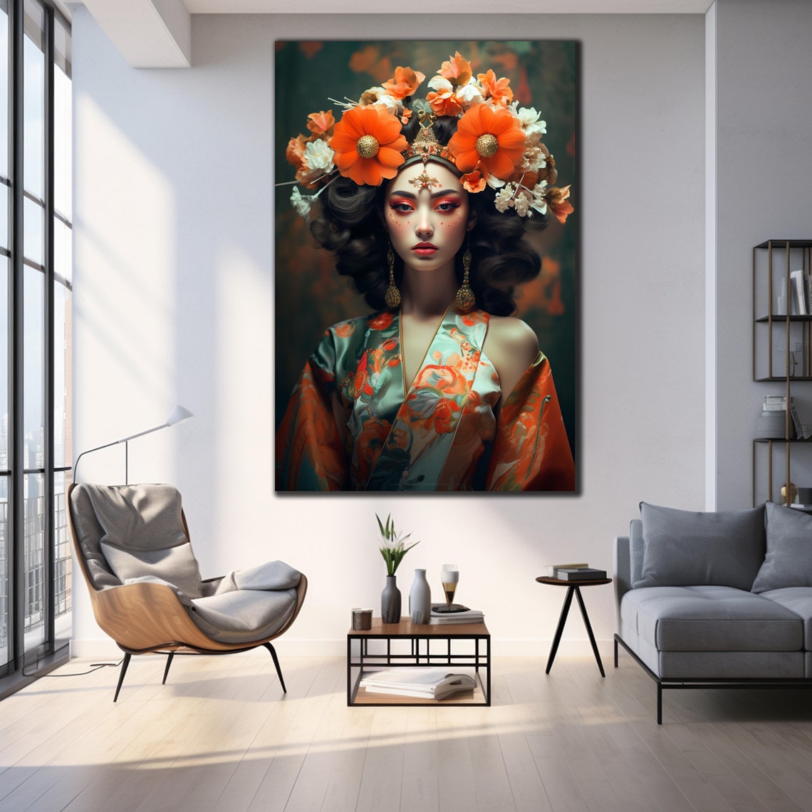 Orange Blossom Geisha Portrait Kimono Warm Floral Art Wall Poster - Image 3