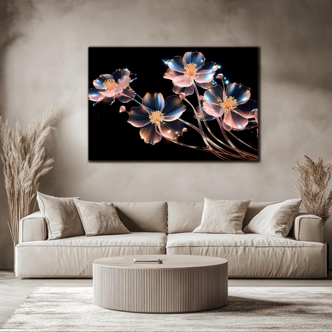 Iridescent Blue Pink Crystal Flowers Black Background Glass Wall Art - Image 4