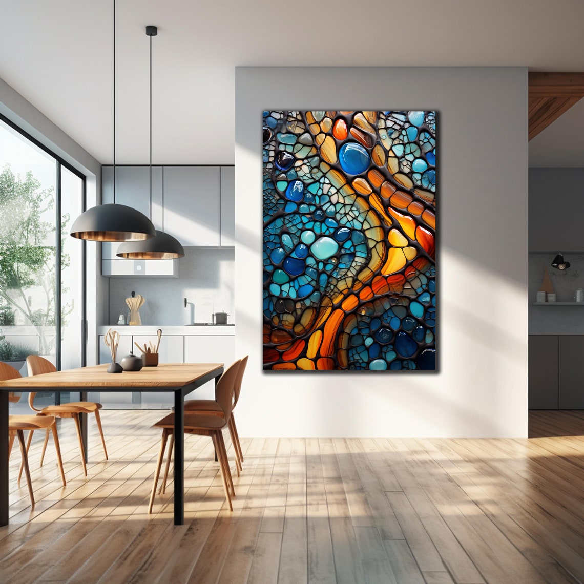 Teal Orange Glass Stone Mosaic Webbed Abstract Wall Art Poster - Image 3