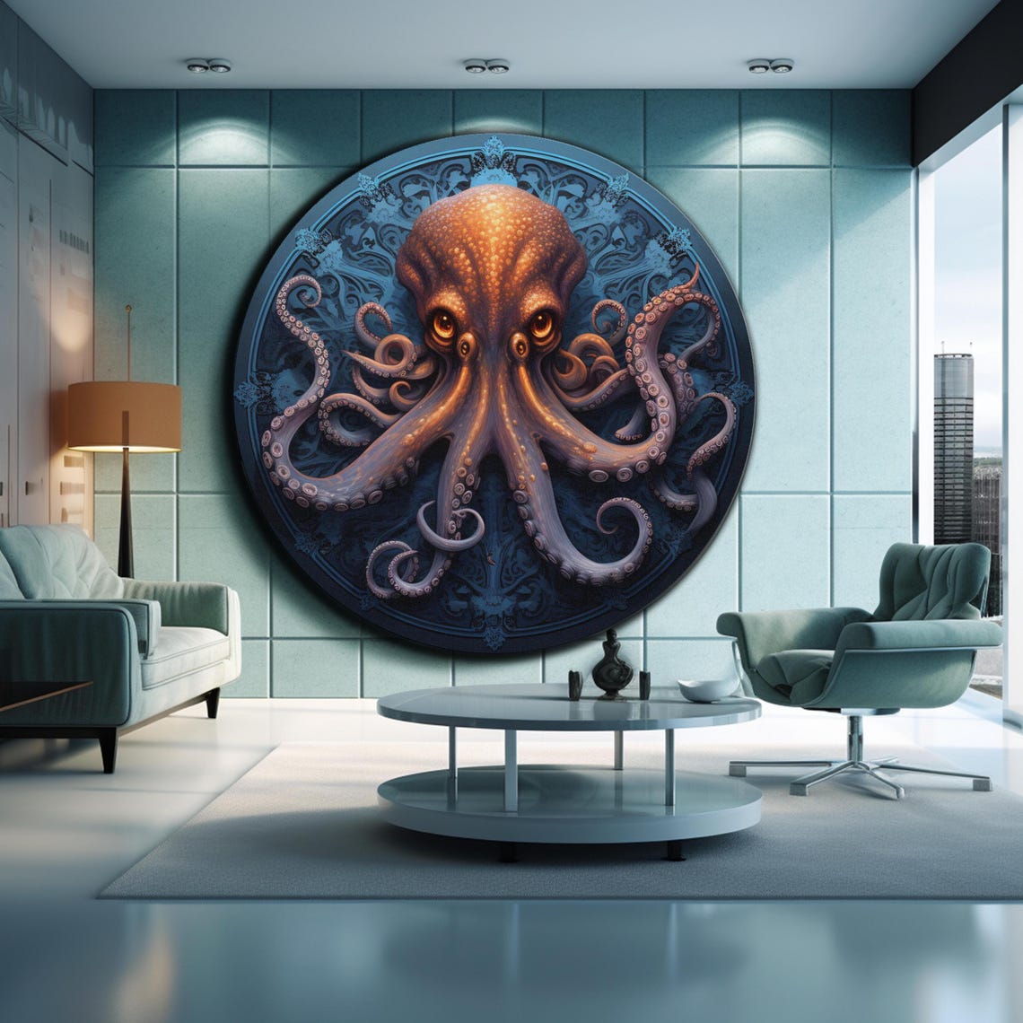 Octopus Swirling Tentacles Amber Eyes Deep Blue Sea Round Wall Art - Image 2