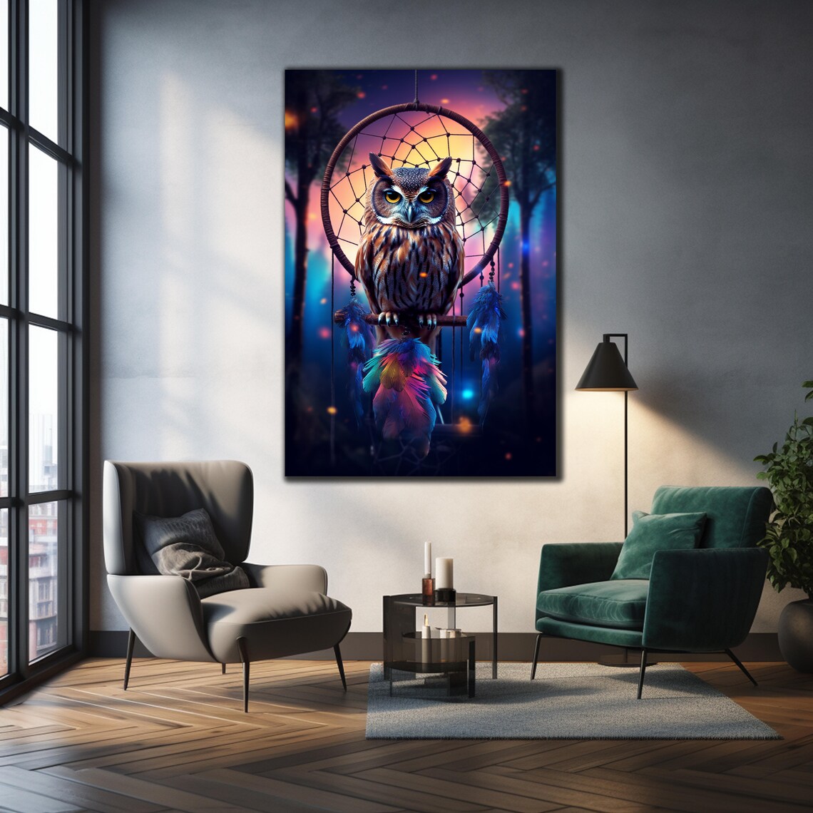 Owl Dreamcatcher Dusk Forest Night Lights Mystical Bird Art Poster - Image 2