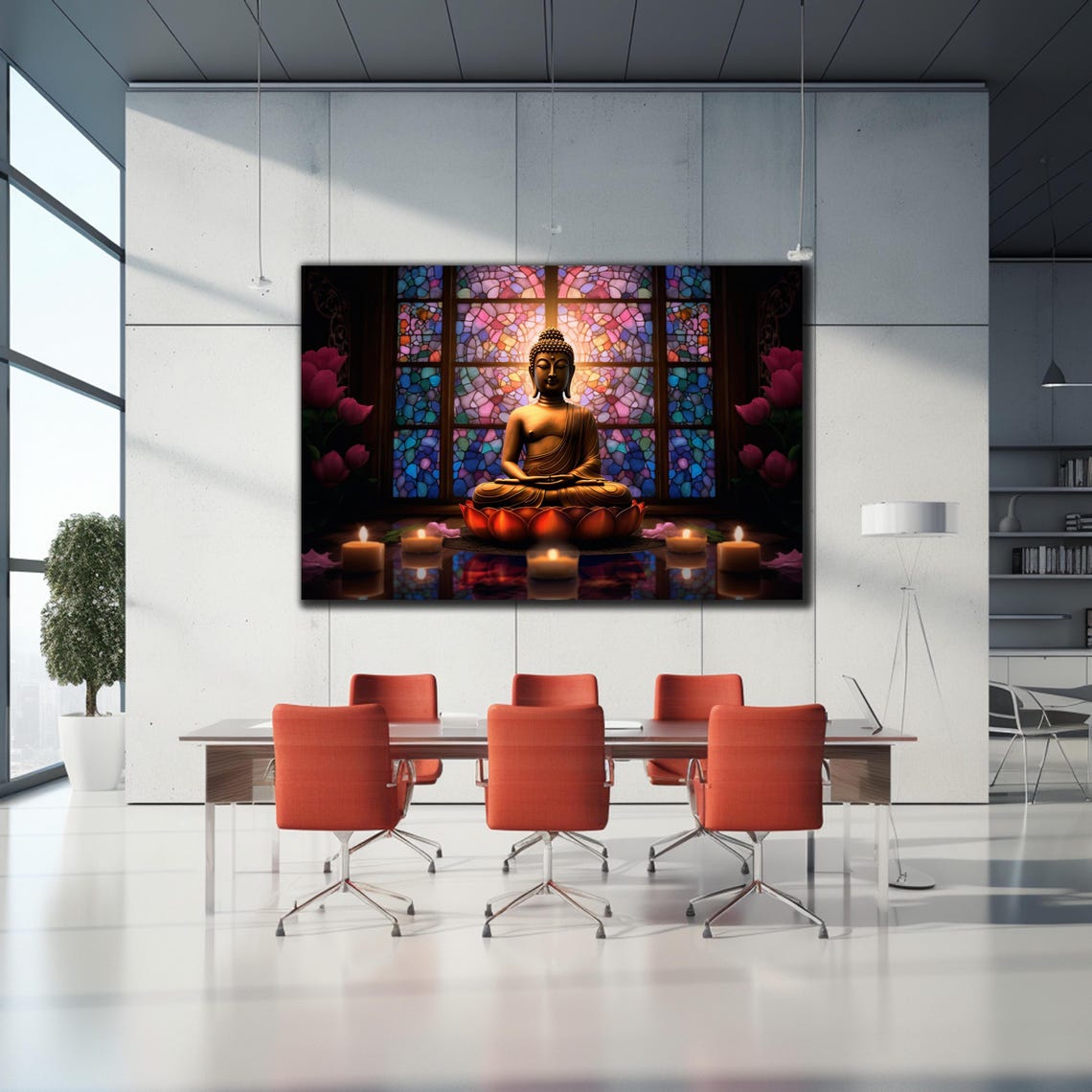 Buddha Lotus Stained Glass Window Serene Meditation Temple Wall Art - Image 2