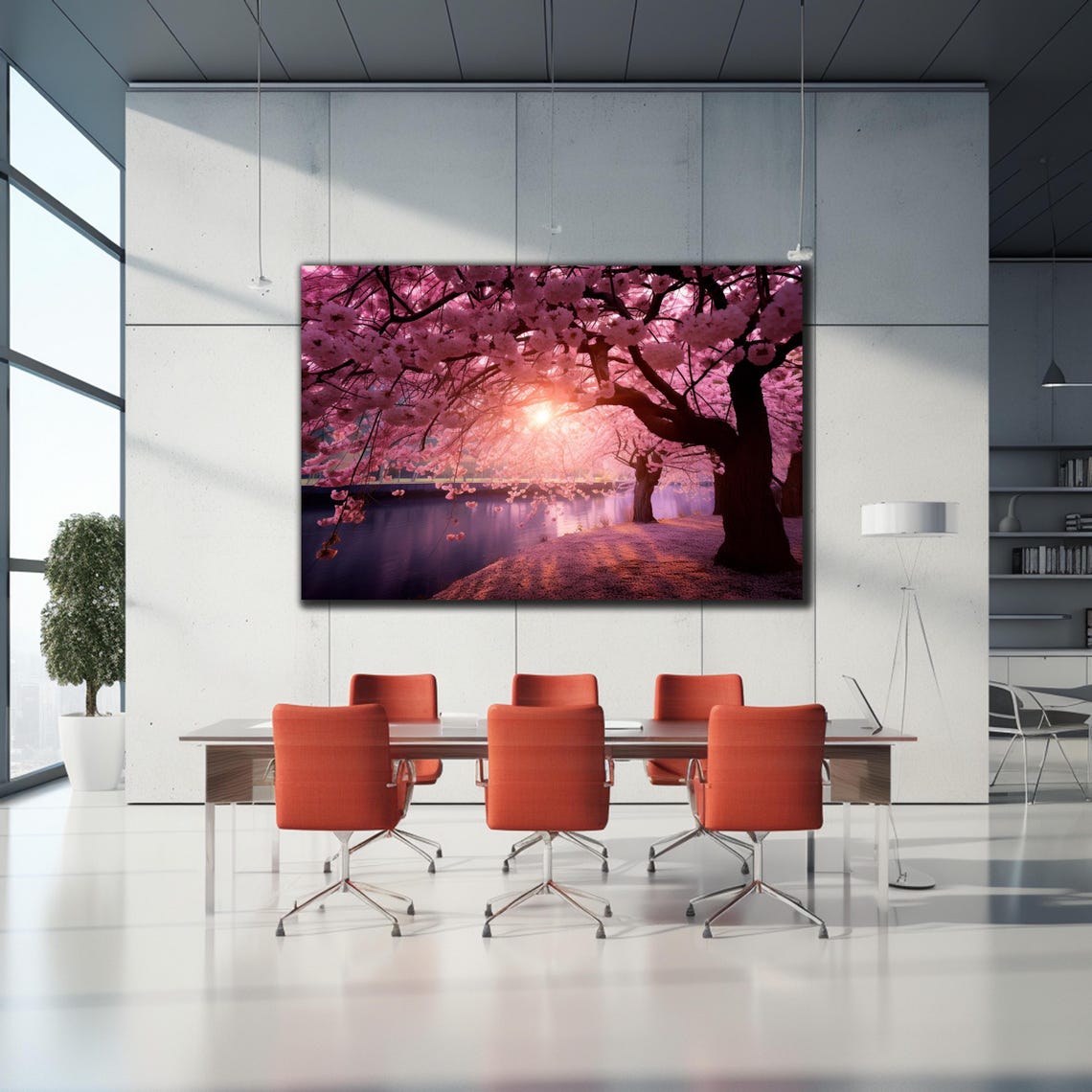 Cherry Blossom River Sunset Pink Petals Dreamy Landscape Wall Poster - Image 2