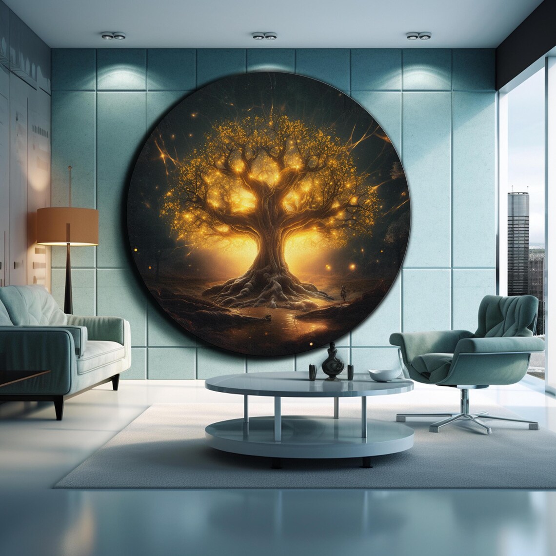 Golden Tree Of Life Glowing Night Forest Magical Round Wall Art - Image 2