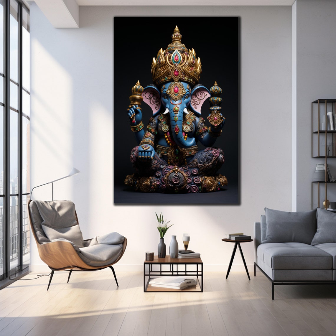 Lord Ganesha Jeweled Crown Blue Elephant God Black Art Wall Poster - Image 3